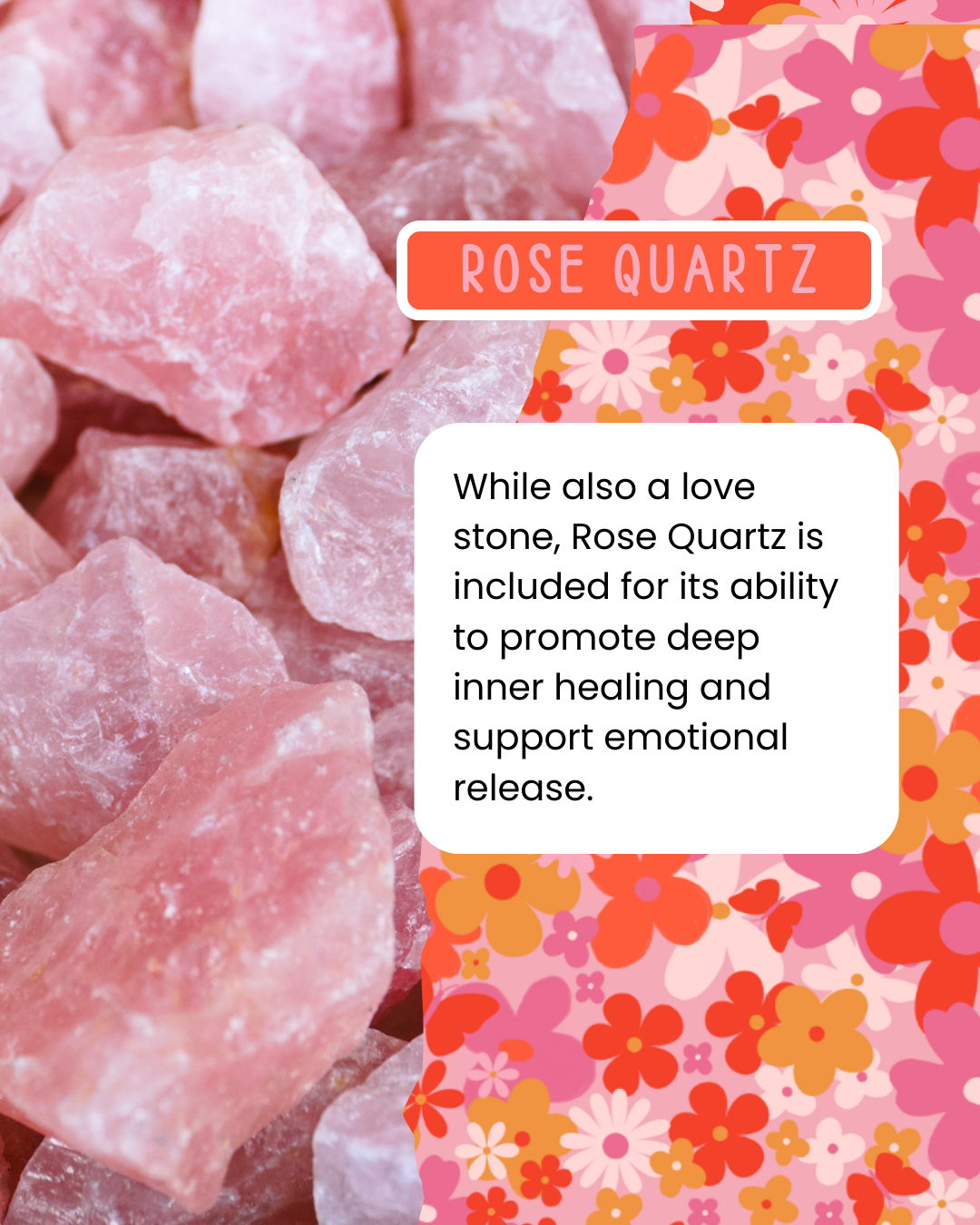 Close-up of rose quartz crystals with a floral pattern and text about its healing properties.