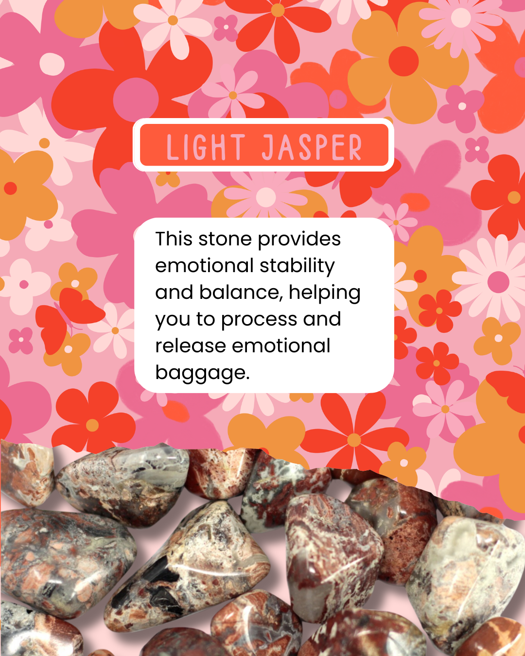 Light Jasper stones with a colorful floral pattern and descriptive text on a pink background
