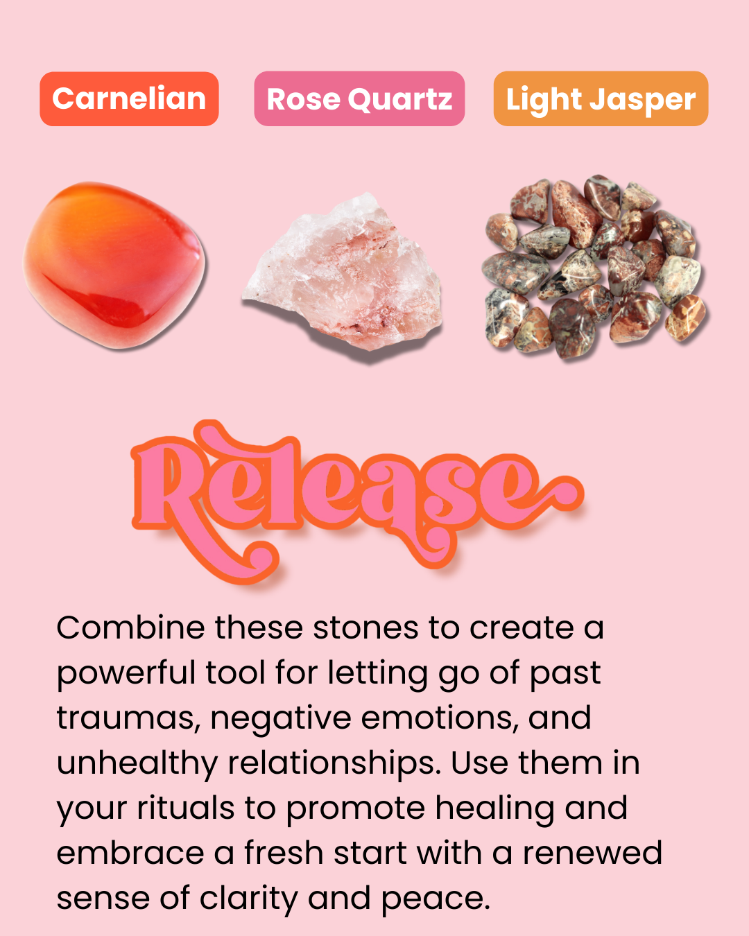 Three stones (Carnelian, Rose Quartz, Light Jasper) with 'Release' text on a pink background.