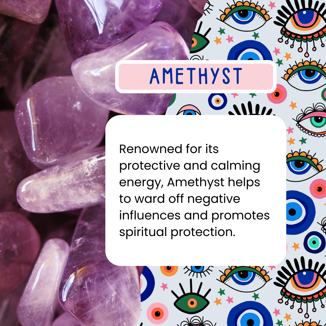 Amethyst crystals with colorful eye designs and text about amethyst's properties.