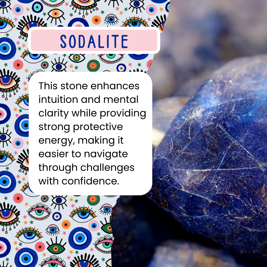Blue sodalite stone with text about its properties on a colorful background