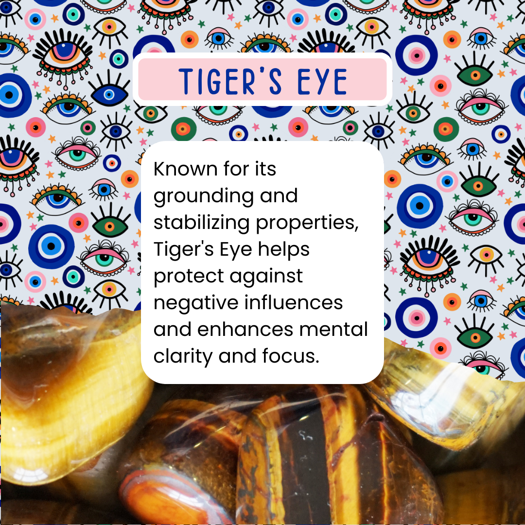 Decorative card with colorful eye pattern and text about Tiger's Eye, featuring stones at the bottom.