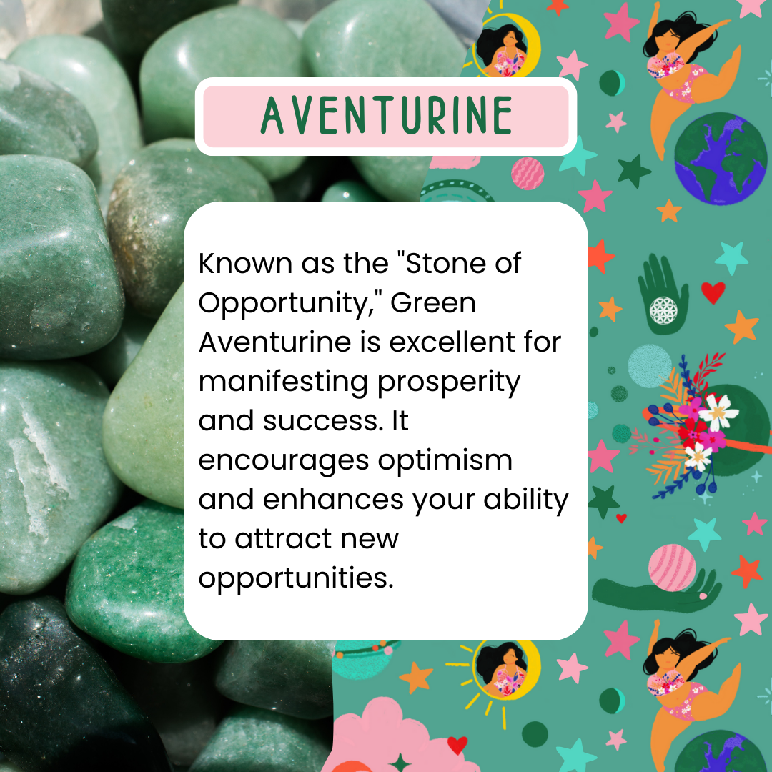 Green aventurine stones with text about its properties on a colorful background