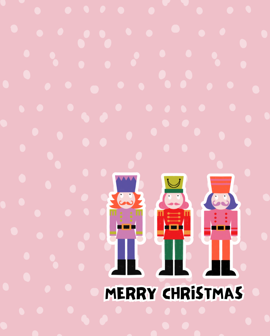 Three cartoon nutcrackers on a pink background with white polka dots and 'Merry Christmas' text.
