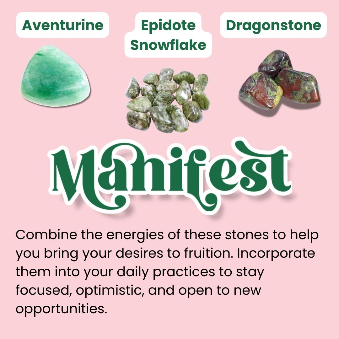 Three types of stones labeled 'Aventurine', 'Epidote Snowflake', and 'Dragonstone' on a pink background with text about incorporating them into daily practices.