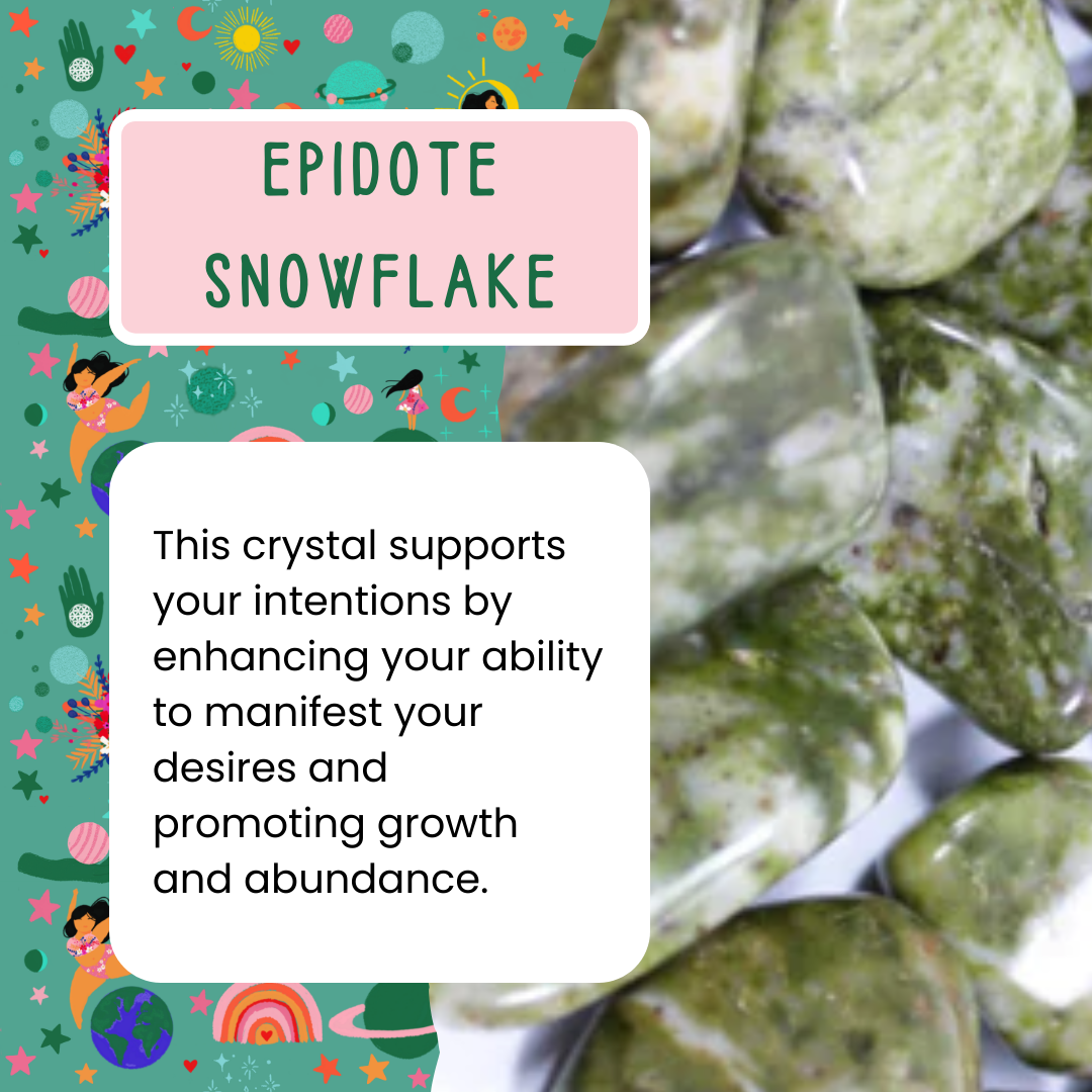 Green crystal stones with 'Epidote Snowflake' label and description on a colorful background