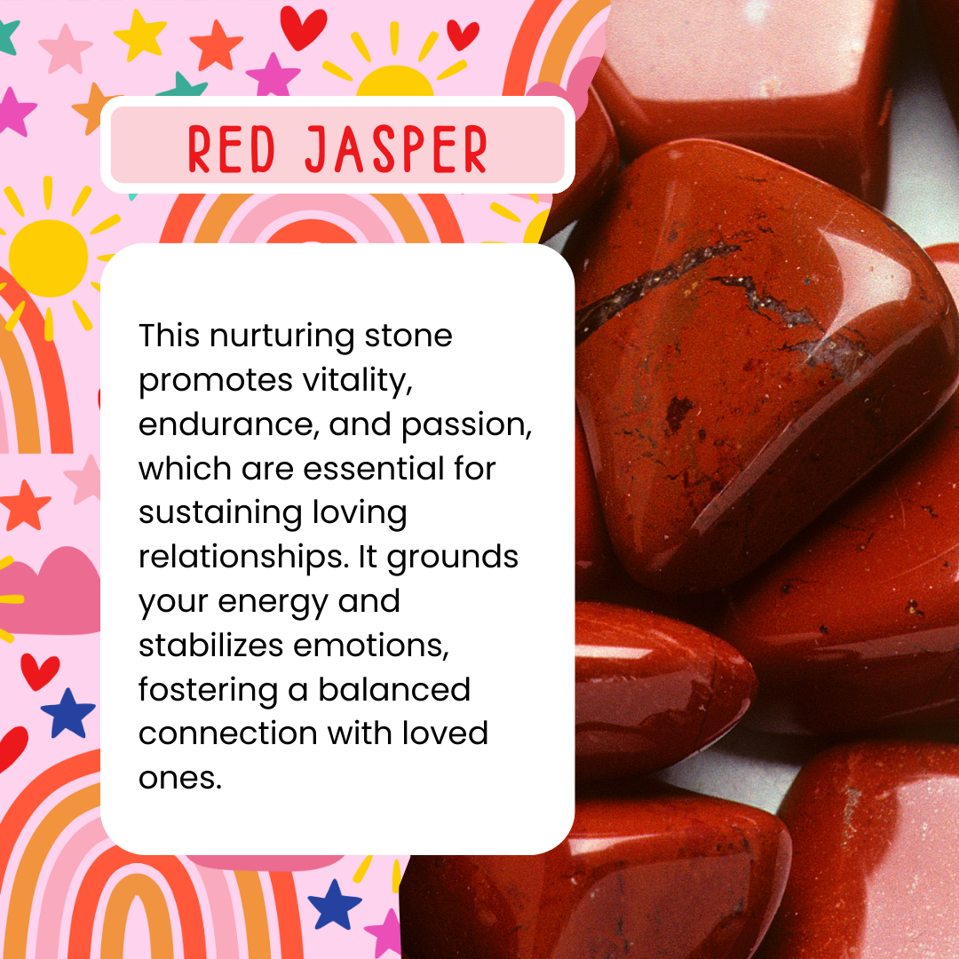 Red jasper stones with text on a colorful background