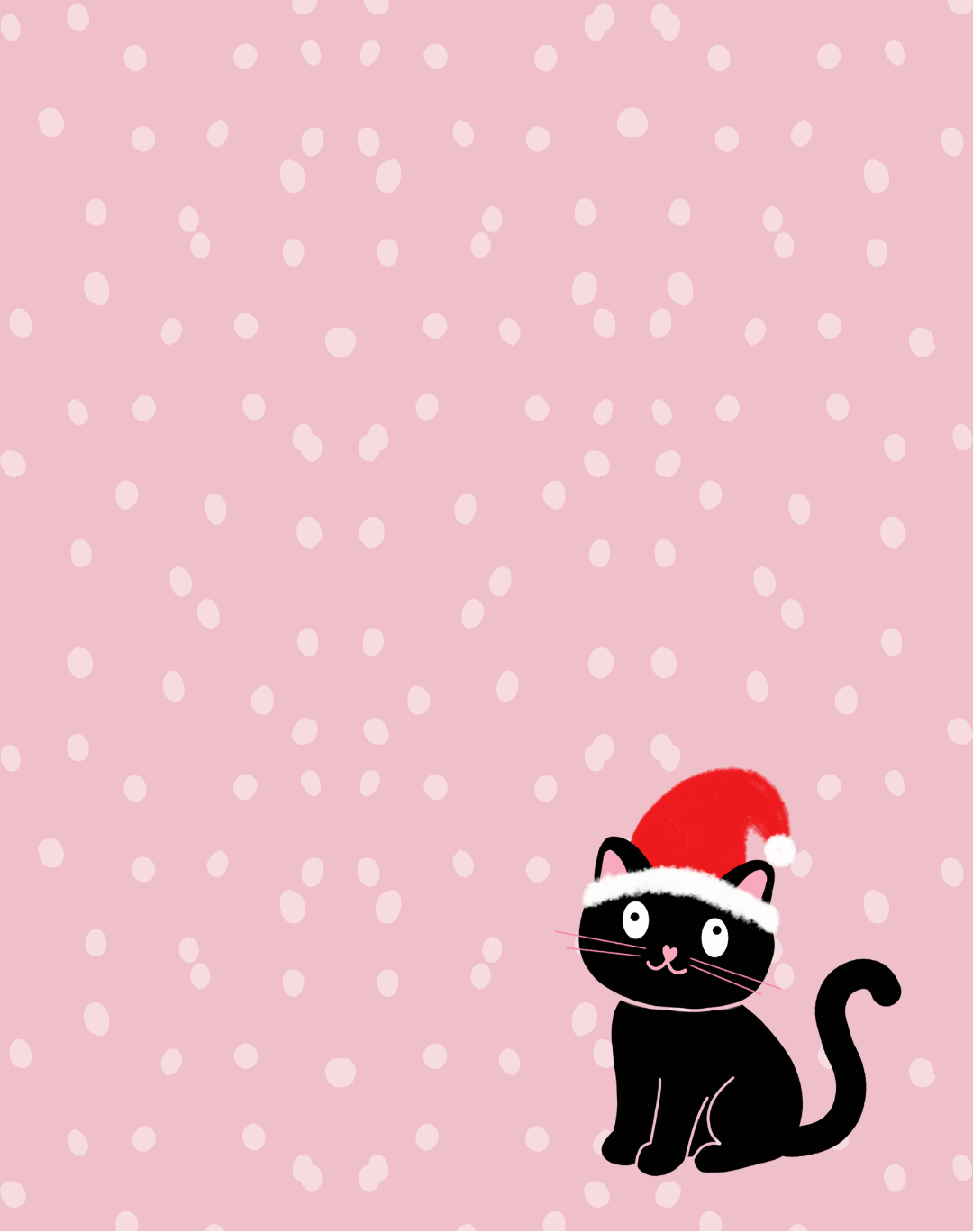 Black cat with a red santa hat on a pink polka dot background