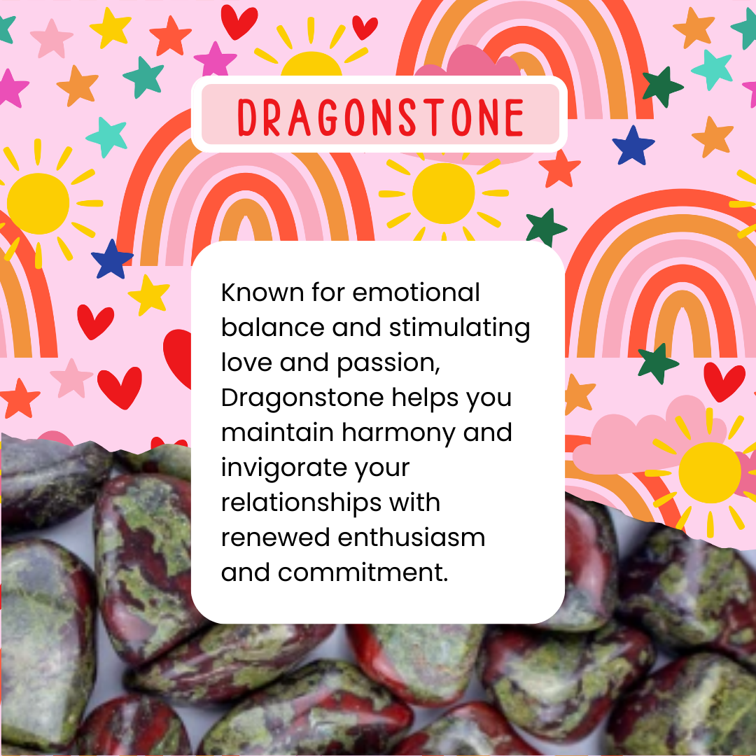 Decorative card with colorful patterns and text about Dragonstone stones.
