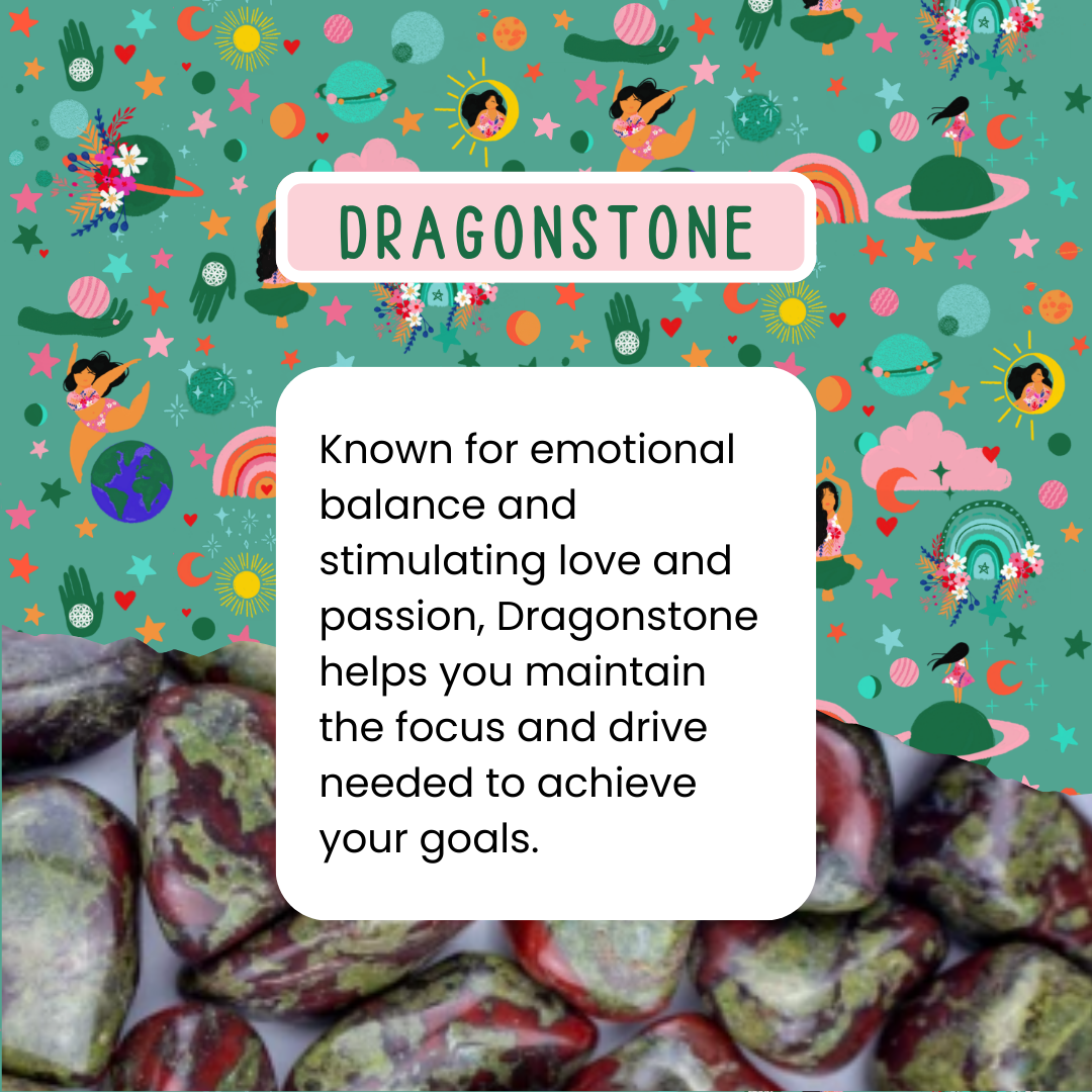 Dragonstone stones with colorful background and text about emotional balance and focus.