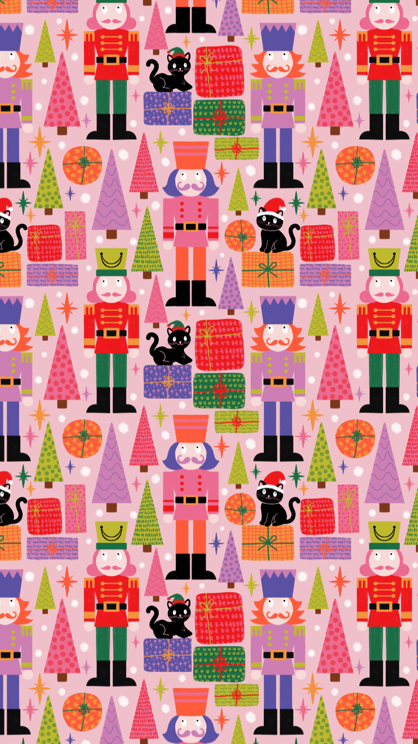 Patterned wallpaper with Christmas-themed design including nutcrackers, trees, and presents.