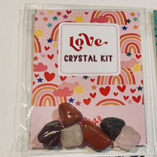 6 crystals in cute packaging for gridding, each with a different theme: Love, Manifest, Protection, and Release.