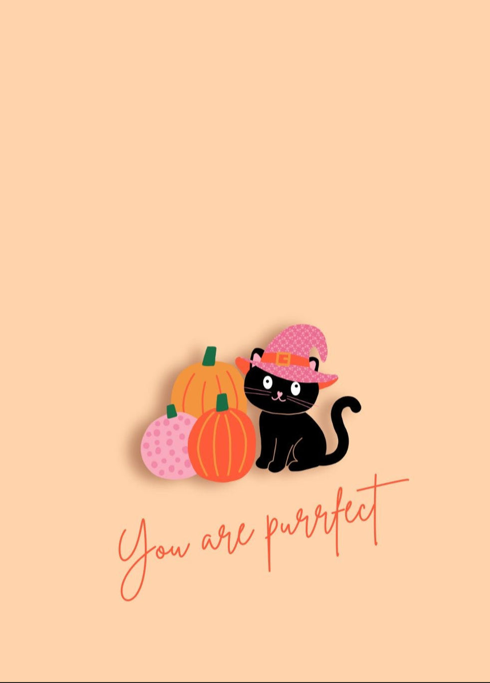 Illustration of a black cat with a pink bow and pumpkins on a peach background with 'You are purrfect' text.