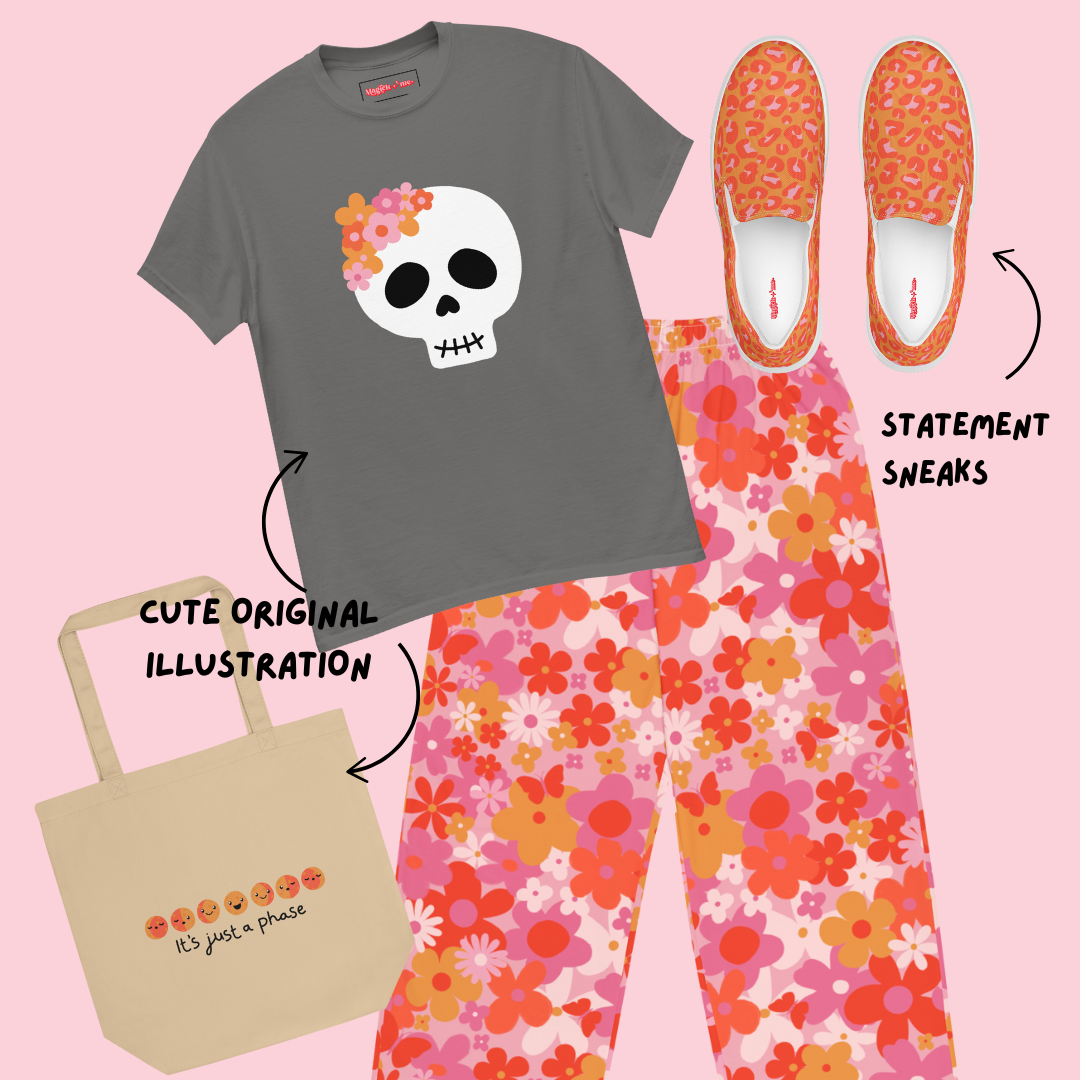 dopamine dressing Fashion set with t-shirt, pants, sneakers, and tote bag on a pink background