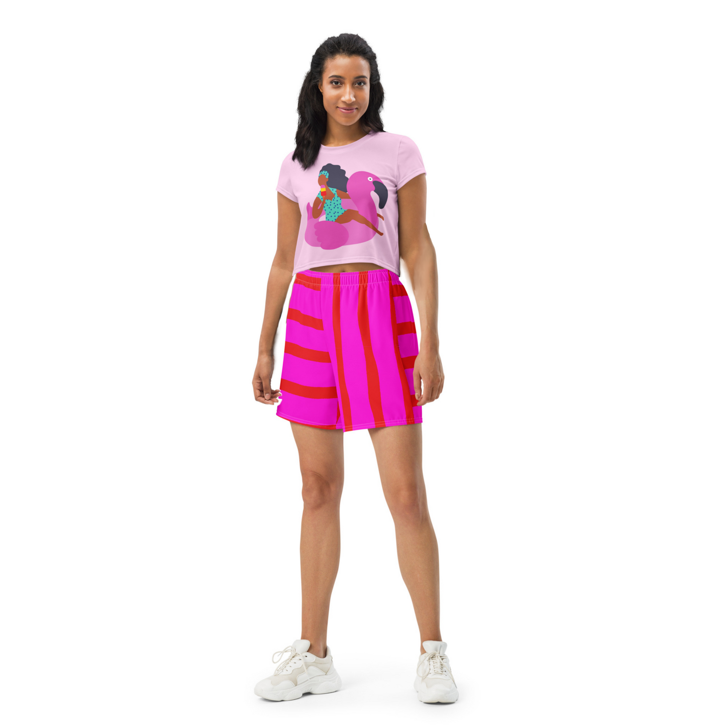 Red & Hot Pink Stripe Long Shorts